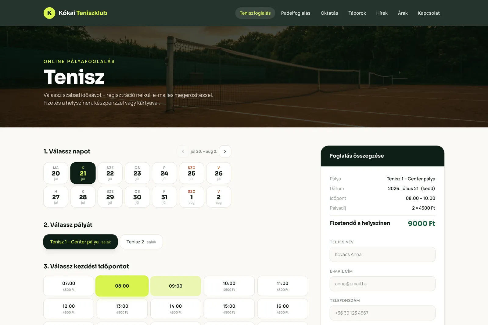 Kókai Teniszklub admin — asztali nézet