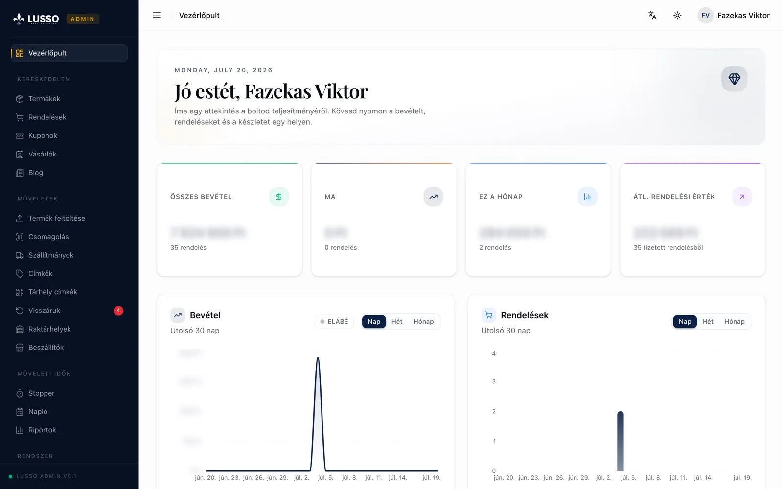Lusso admin — asztali nézet