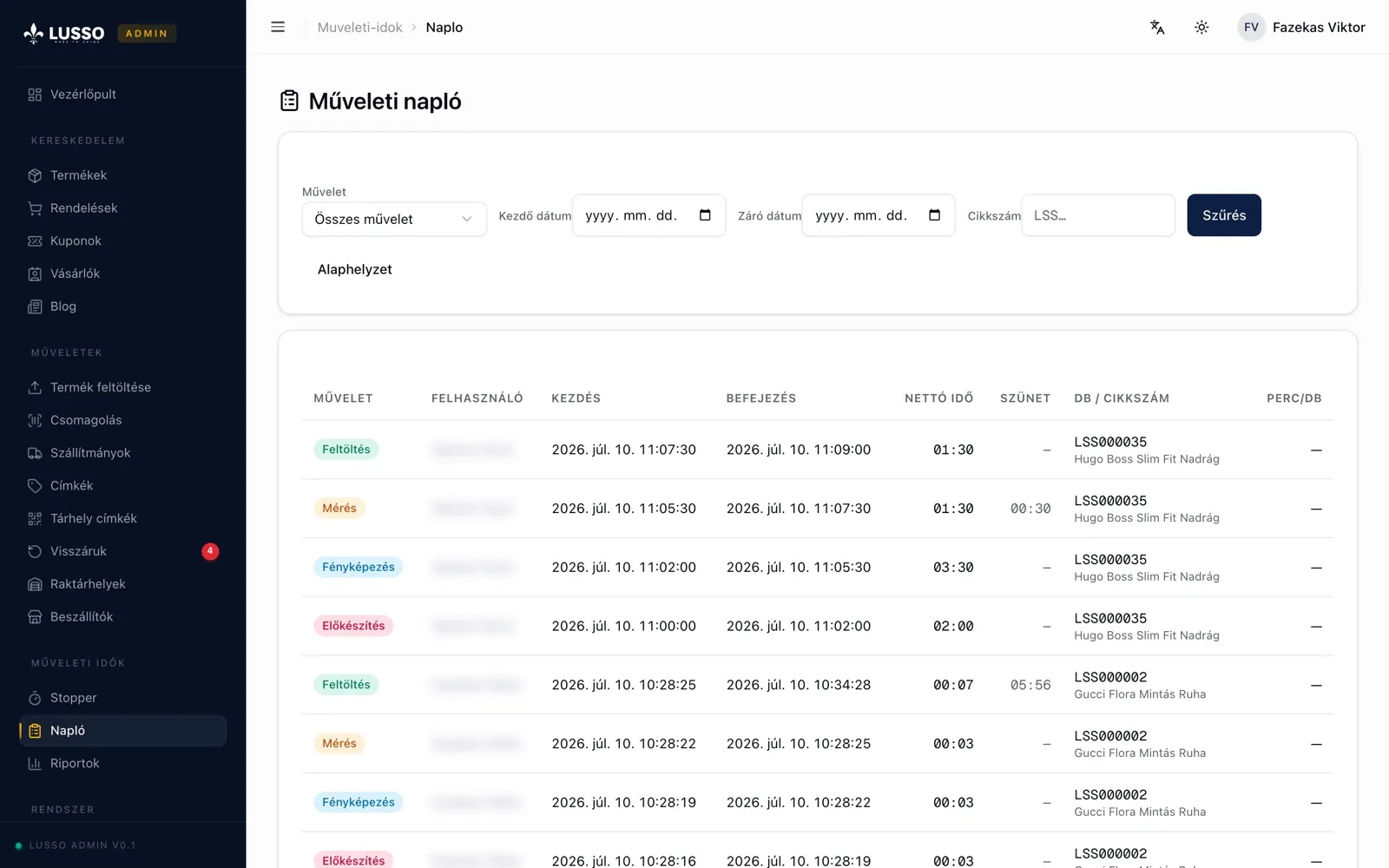 Lusso admin — asztali nézet