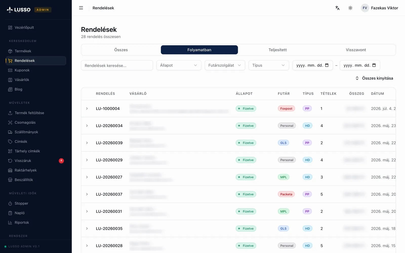 Lusso admin — asztali nézet
