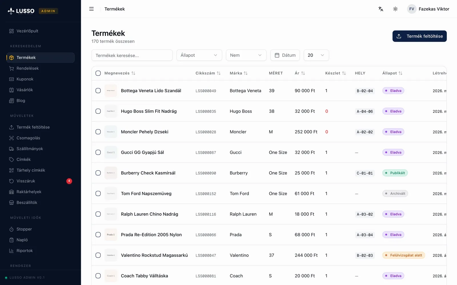 Lusso admin — asztali nézet